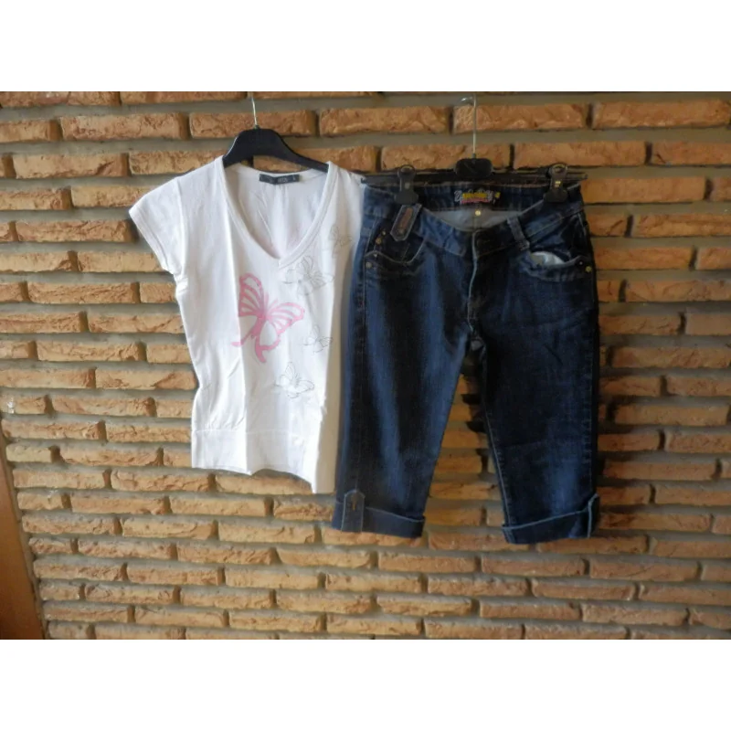 (9)- jeans pantacourt femme t.38 bleu - onado + tee shirt 