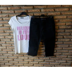 (20)- jeans court femme t.38 noir - x max + tee shirt