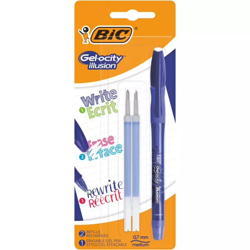 Bic Gel-ocity Illusion Stylo Gel Effaçable + 2 recharges Bleu