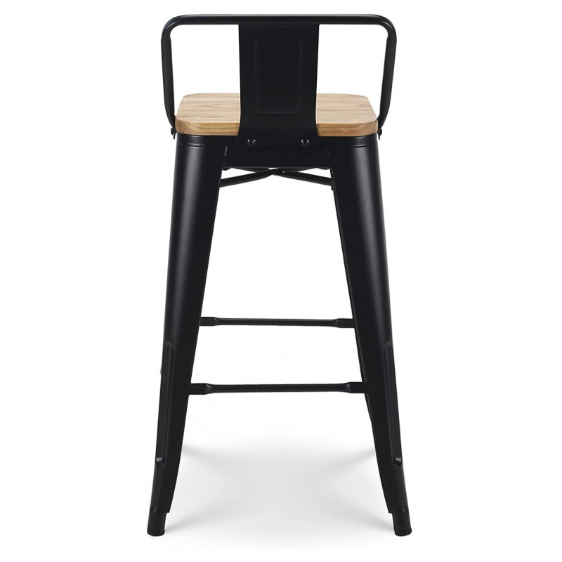 CHACHA - 1 tabouret de bar en métal noir mat style industriel avec dossier et assise en bois clair