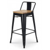 CHACHA - 1 tabouret de bar en métal noir mat style industriel avec dossier et assise en bois clair