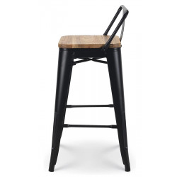 CHACHA - 1 tabouret de bar en métal noir mat style industriel avec dossier et assise en bois clair