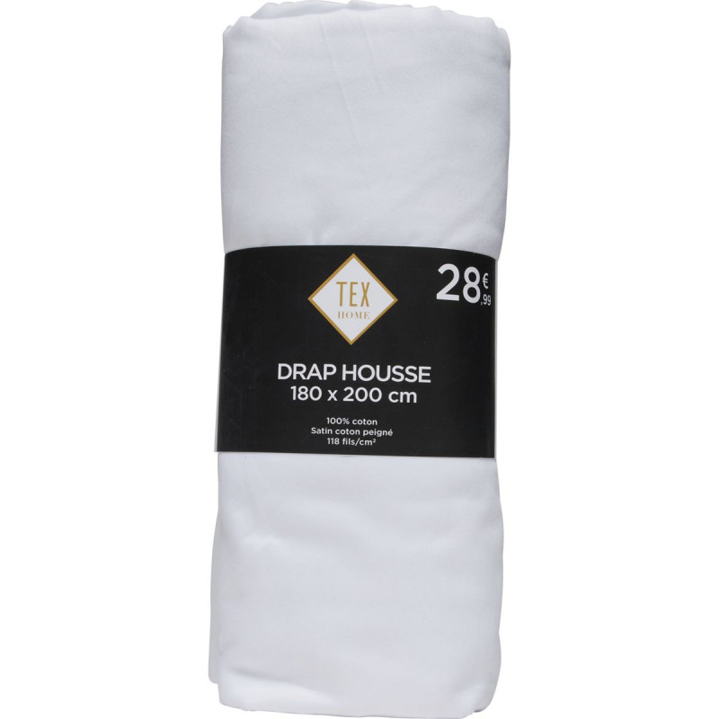 tex home drap housse 180x200 satin uni blanc